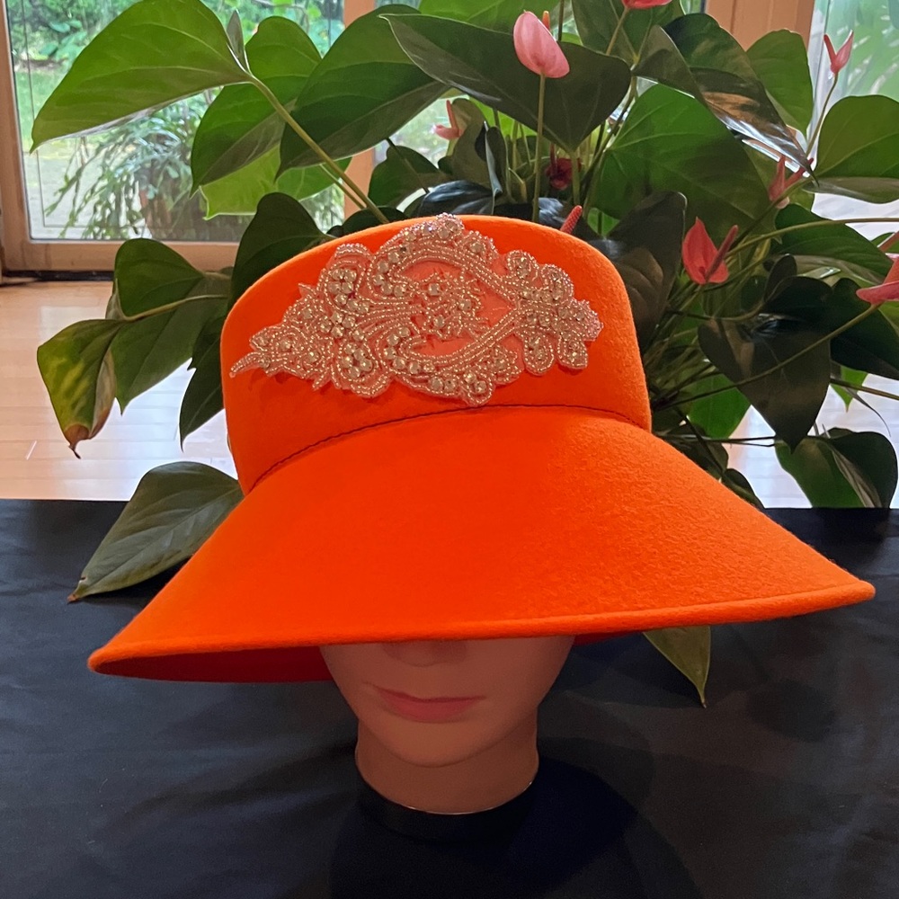 Elegant Orange Wool Wide-Brim Hat with Rhinestone Beaded Floral Embellishment